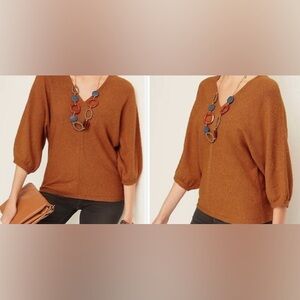 J JILL PUREJILL Sweater Womens L Brown Copper Double V neck, Tweed, 3/4 Sleeve
